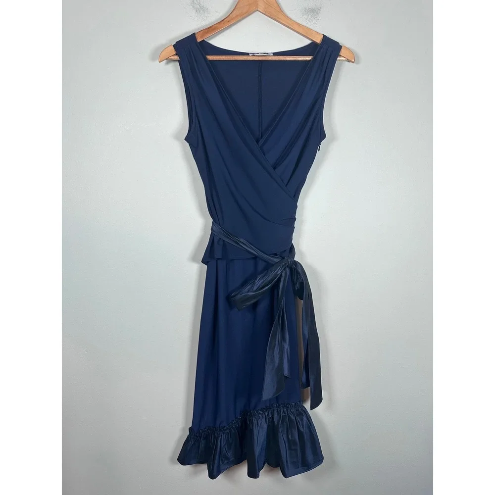 Vera Wang Wrap Dress Womens 6 Navy Blue Silk Trim Ruffle Cocktail Formal